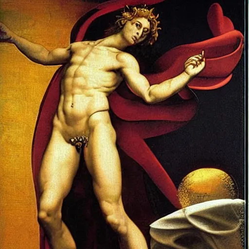 Image similar to Oil canvas of Lucifer, ruler of Inferno, capital sin of Pride, Superbia, natural blonde gold like hair, intricate sophisticated well rounded face, good bone structure, bright glowing eyes as LEDs and neon, Lean Body, porcelain looking skin, attractive and good looking, tall, invincible, poses triumphantly stance over the remains of Heaven, by Michelangelo, Caravaggio, Alphonse Mucha, Michael Whelan, William Adolphe Bouguereau, John Williams Waterhouse, and Donato Giancola, Dark Fantasy mixed with Socialist Realism, exquisite art, art-gem, dramatic representation, hyper-realistic, atmospheric scene, cinematic, trending on ArtStation, photoshopped, deep depth of field, intricate detail, finely detailed, small details, extra detail, attention to detail, detailed picture, symmetrical, 2D art, digital art, golden hour, oil painting, 8k, 4k, high resolution, unreal engine 5, octane render, arnold render, 3-point perspective, polished, complex, stunning, breathtaking, awe-inspiring, award-winning, ground breaking, concept art, nouveau painting masterpiece