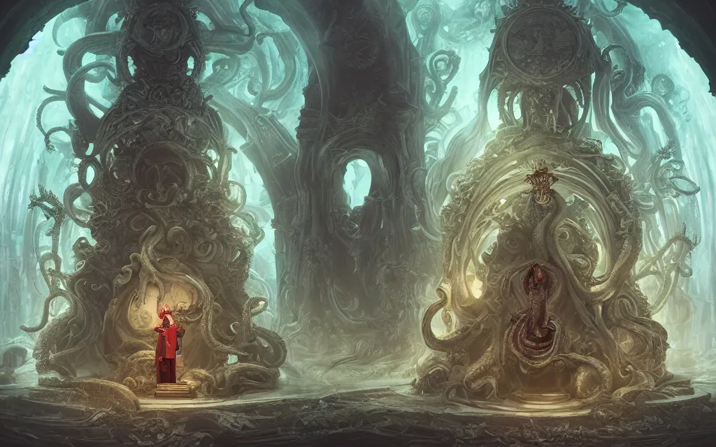 Image similar to pope priest in front of a cthulhu within a viscosity fluid lovecraft portal, wide - angle portrait photography, intricate architecture, baroque detailed, unreal engine, octane render, micro detail, digital art by peter mohrbacher, subsurface scattering, ray tracing, vivid colors, octane render