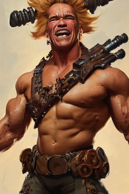 Prompt: portrait of arnold schwarzenegger as junkrat from overwatch, full body, fantasy, intricate, elegant, highly detailed, digital painting, artstation, concept art, sharp focus, illustration, art by artgerm and greg rutkowski and alphonse mucha