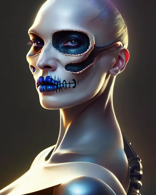 Image similar to side portrait of female android, sharp focus, sci - fi, fantasy art, digital illustration, dia de los muertos. octane render, unreal engine. concept art. art by artgerm and wlop and giger and greg rutkowski and rossdraws and alphonse mucha, 8 k