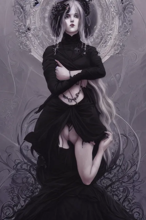 Image similar to portrait of radical lolita girl, dreamy and ethereal and dark, dark eyes, silver hair, smiling expression, ornate goth dress, dark fantasy, chaotic, elegant, black crows flying, highly detailed, digital painting, artstation, concept art, smooth, sharp focus, illustration, art by artgerm and greg rutkowski and alphonse mucha