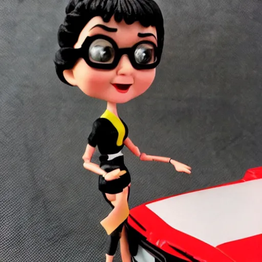 Image similar to audrey hepburn cos play car mechanic, stop motion vinyl action figure, plastic, toy, butcher billy style