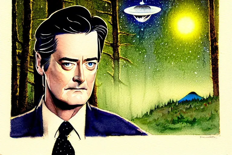 Prompt: a hyperrealist watercolour character concept art portrait of kyle maclachlan from twin peaks on well lit night in the forest with city lights. a ufo is in the background. by rebecca guay, michael kaluta, charles vess and jean moebius giraud