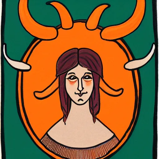 Image similar to illustrated portrait of ugly ram-horned woman with orange skin