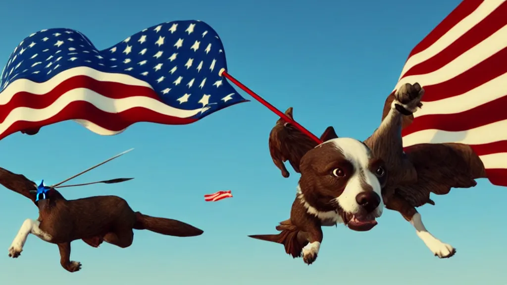 Prompt: a dog with a trident flying with a bald eagle, patriotic, highly detailed, unreal engine