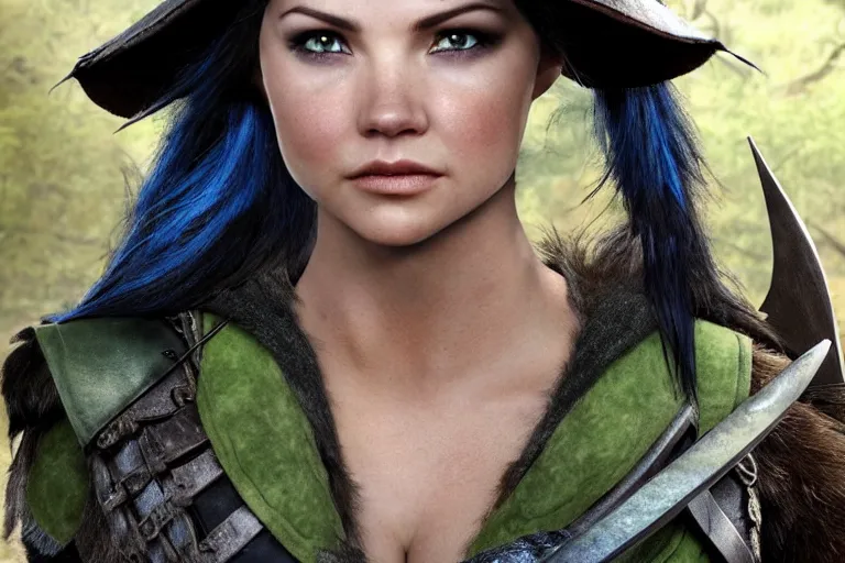 Image similar to fantasy character photo. female ranger. danielle campbell. facial expression of manic obsessive love. tall, lanky, athletic, wiry. brown & dark forestgreen leather armor. crooked little feathered hat, lightgreen, worn at jaunty angle. black hair in ponytail. bright blue eyes. consulting in secret with an unseen, shadowy informant