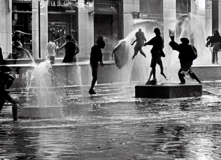 Prompt: a 3 5 mm photo from the back of people playing in splashing water from an open fire hydrant in the streets of new york city in the 1 9 6 0 s, bokeh, canon 5 0 mm, cinematic lighting, dramatic, film, photography, golden hour, depth of field, award - winning, 3 5 mm film grain