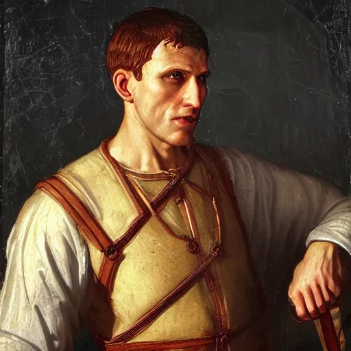 Image similar to Jerma985 in Ancient Rome, detailed, highly detailed, heroic, epic, complex, very detailed, realistic, HD quality, 8k resolution, body and headshot, Oil Painting, Italian Renaissance Painting of Jerma985, Italian Renaissance Painting Style, Renaissance Painting Style, Painting, Trending on Artstation