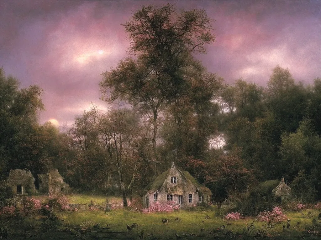 Image similar to a gorgous witchhouse in a woodland, evening mood, pink clouds in the sky, by clive madgwick