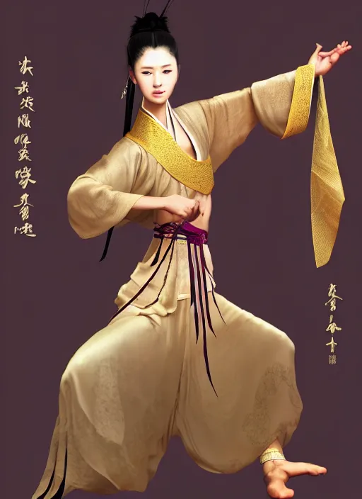 Image similar to a barefoot female dancer using a silk belt as weapon, wuxia, xianxia, barefoot, tanned skin, athletic, vivacious, absurdly beautiful, hanfu, fully clothed, chinese ribbon dance, silk belt, scorpion whip, detailed, realistic, anatomically accurate, in the style of wlop on artstation, wang liang.