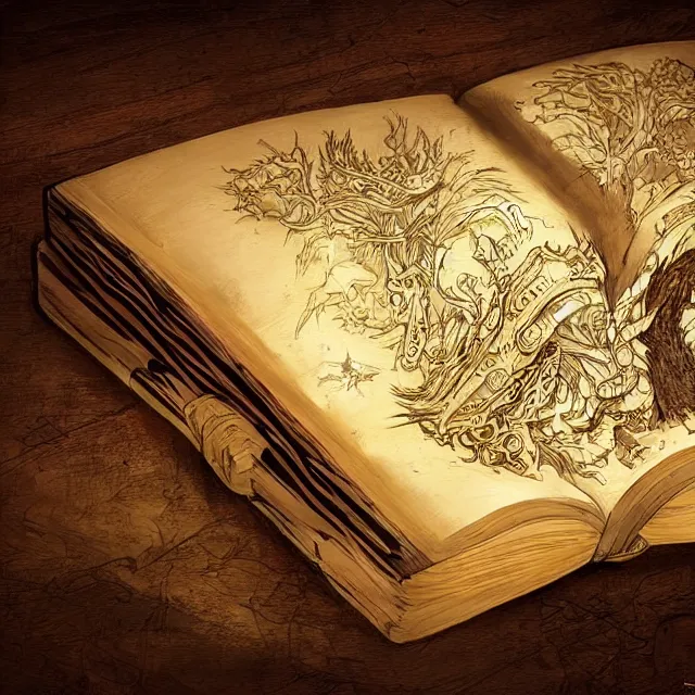 Image similar to a glowing open book laying on a wooden desk, fantasy concept art, fantasy book cover, highly detailed, intricate drawing