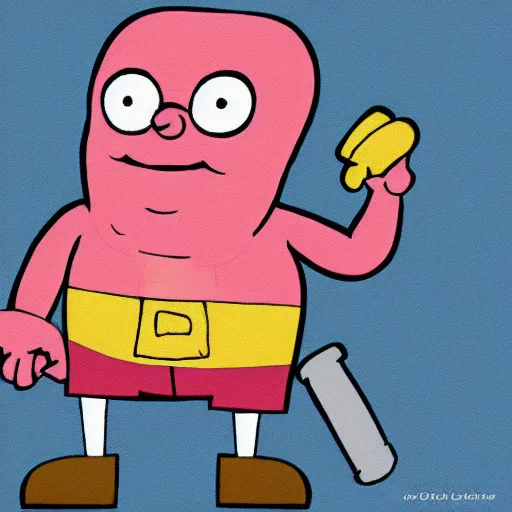 Prompt: patrick star from spongebob squarepants holding a hammer, intricate abstract, cartoon