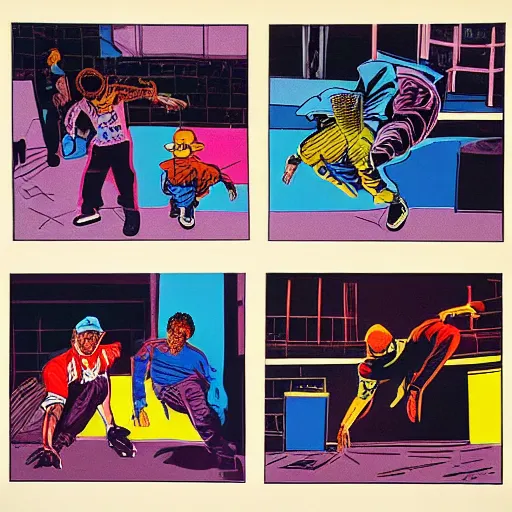 Prompt: four breakdancers battling in the bronx in 1984, by Andy Warhol, gritty, energetic, trending on artstation