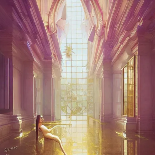 Image similar to cosmos, indoor liminal space, golden light, greg rutkowski, palm trees, pink door, minimalistic, hyperrealistic surrealism, award winning masterpiece with incredible details, epic stunning, infinity pool mirrors, a surreal vaporwave liminal space with mirrors, highly detailed, trending on artstation, artgerm and greg rutkowski and alphonse mucha, daily deviation