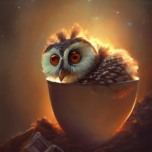 Image similar to long shot of a very cute owl chick nesting in a very futuristic cup, esao andrews, humorous illustration, hyperrealistic, big depth of field, warm colors, night scenery, low light, 3 d octane render, 4 k, conceptart, hyperdetailed, hyperrealistic, trending on artstation