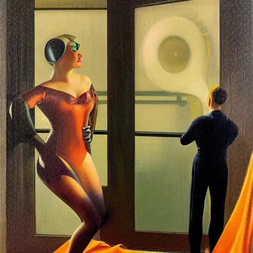 Prompt: retrofuturistic 1 9 3 0 s detailed oil painting of a woman in a window, cyberdeco catsuit, electronic billboards, tech noir, wet reflections, atmospheric, ambient, alexis flower, hopper, mucha, wlop, gil elvgren, grant wood,, livia prima, george tooker, greg rutkowski, whistler, norman rockwell, peter max