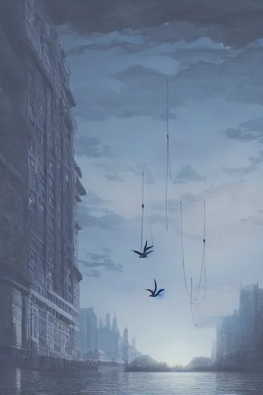 Image similar to A detailed matte painting of two cranes flying upwards from the river, water dripping, evening, close-up view, Moebius, Artstation