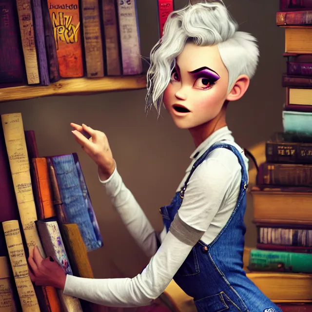 Image similar to full body pose, beautiful adult fairy, pixar, short white hair shaved sides, dirty, grungy, grunge, long sleeve, painted overalls, stacks of giant books, highly detailed, 4 k, hdr, smooth, sharp focus, high resolution, award - winning photo, artgerm, photorealistic