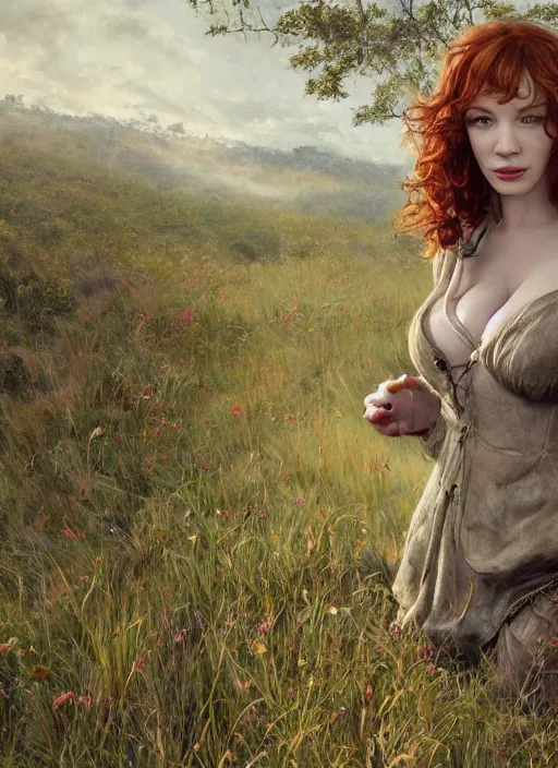 Image similar to Christina Hendricks taking a rest in a meadow after an long adventure, a ruggedly muscled handsome heroine, intricate, elegant, highly detailed, centered, digital painting, artstation, concept art, smooth, sharp focus, illustration, artgerm, donato giancola, Joseph Christian Leyendecker, WLOP, Artgerm, thunder storm