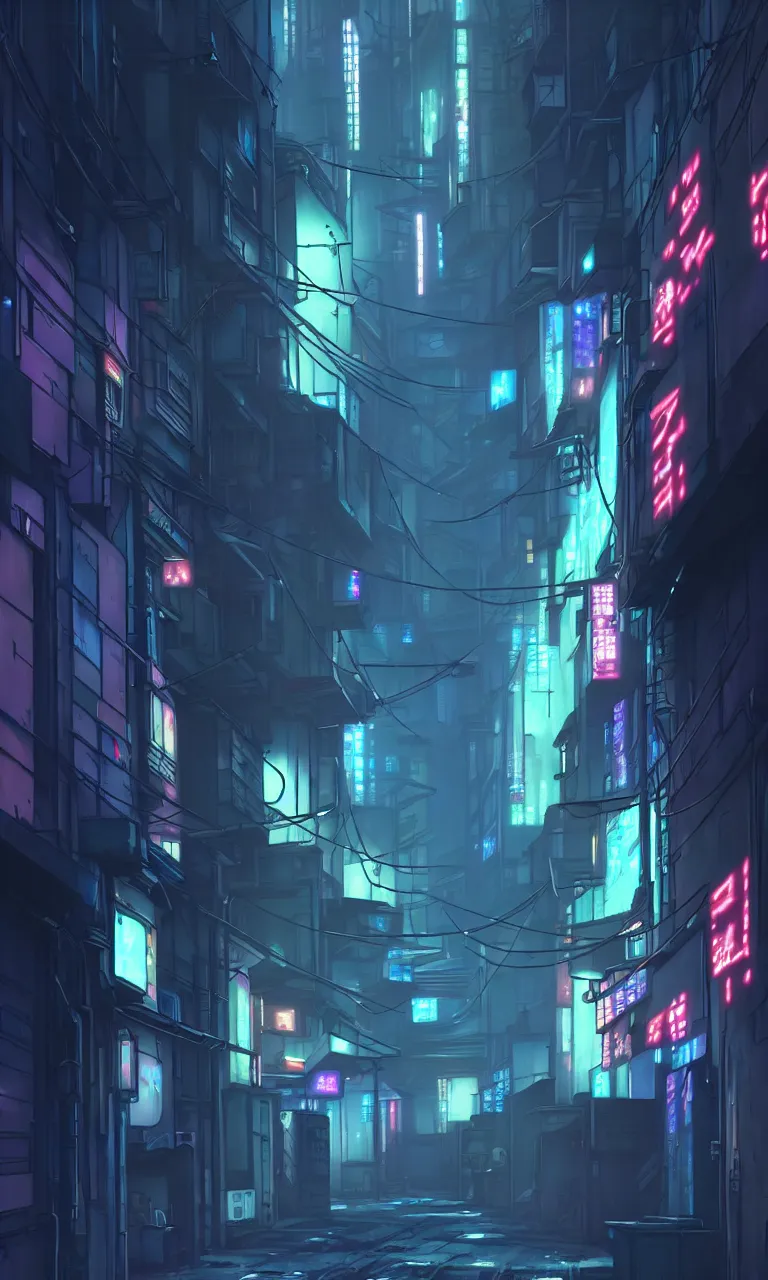 Image similar to city alleyway in the atmospheric cyberpunk anime film, gouache matte background painting, neon noir, at night with lights, by makoto shinkai, in the anime series ergo proxy, beautiful specular edge highlights and rim lighting