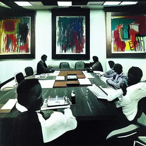 Image similar to “seal the deal, signing contracts in a corporate board room, by basquiat, very realistic, highly detailed”