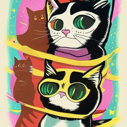 Image similar to mcbess illustration of a little harry potter cats, rainbow gouache