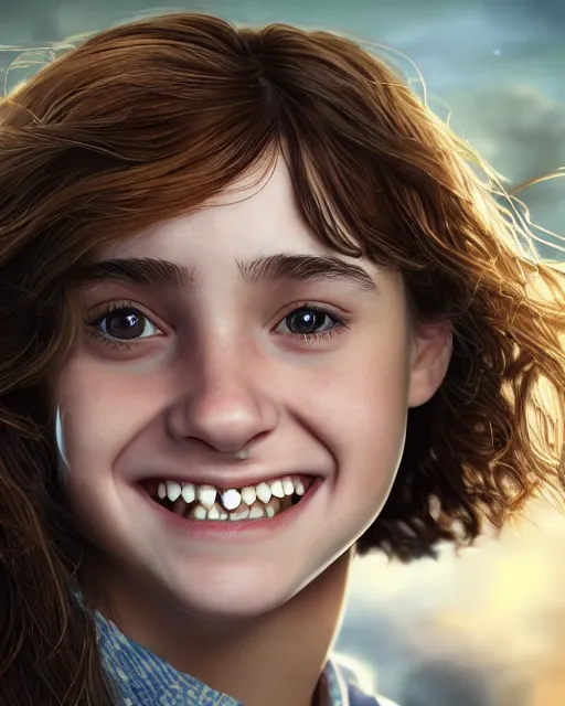 Image similar to close up portrait of 1 5 - year - old girl, smile with large front teeth, hermione granger, very bushy brown hair, and very bright brown eyes, wearing white shirt, hyper realistic face, beautiful eyes, character art, art by mark brooks, hyperdetailed, cryengine, trending on artstation, digital art