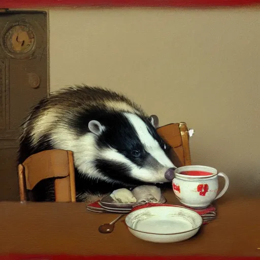 Image similar to Norman Rockwell painting of a fat badger drinking tea, artstation, furaffinity, high res, 4k