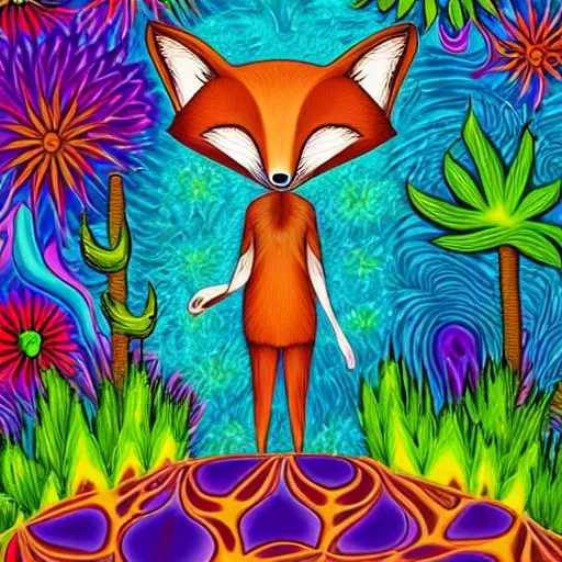 Image similar to an anthromorphic fox man meditating in a garden with a waterfall and clouds, by Lisa Frank in a psychedelic style, digital art