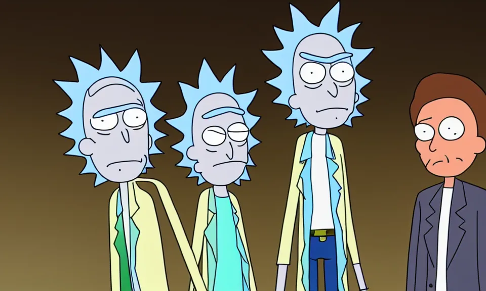 Image similar to Rick and Morty as real persons, medium shot, highly detailed, studio lighting, realistic