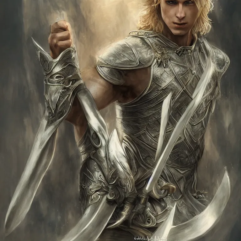 Image similar to elvish blonde male warrior, lord of the rings style, realistic, full body, fantasy, elvish, sharp focus, 8 k high definition, character portrait, portrait, close up, concept art, insanely detailed, intricate, elegant, art by stanley lau and artgerm