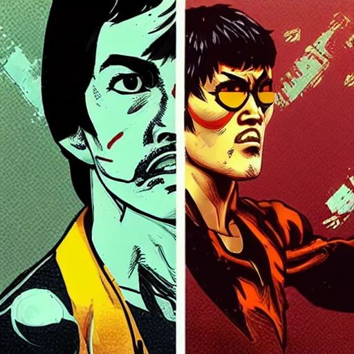 Image similar to Bruce Lee in the style of Borderlands, by Feng Zhu and Laurie Greasley, Victo Ngai, Andreas Rocha, John Harris