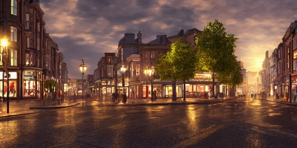 Image similar to Photorealistic Grafton Street on a quiet Charlottetown night. Hyperdetailed photorealism, UHD, amazing depth, glowing rich colors, golden ration, 3d shading, cinematic lighting, artstation concept art