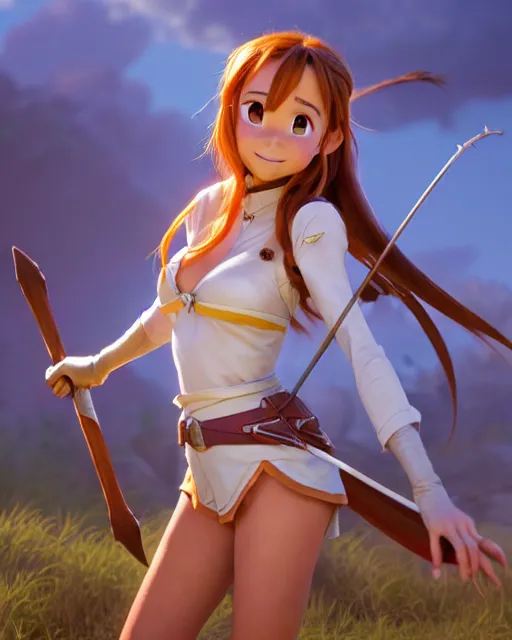 Prompt: weta disney pixar movie still pinup photo of asuna from sao : : as sunburnt cowgirl village girl by pixar : : by weta, greg rutkowski, wlop, ilya kuvshinov, rossdraws, artgerm, marvel, maxim cover, latex, octane render, sweaty, iridescent, bright morning, anime, liosh, mucha : :