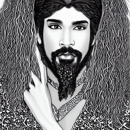 Image similar to prince with a beard and long hair, dark skin, Arabic, highly detailed, hyperrealistic