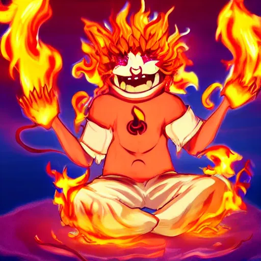 Image similar to fluffy strange popcorn elemental spirit anime character with a smiling face and flames for hair, sitting on a lotus flower, clean composition, symmetrical