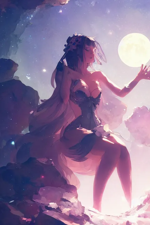 Image similar to A beautiful whimsical woman basking in the moonlight on a bed of crystals below planets, cinematic lighting, dramatic atmosphere, by Dustin Nguyen, Akihiko Yoshida, Greg Tocchini, Greg Rutkowski, Cliff Chiang, 4k resolution, trending on artstation