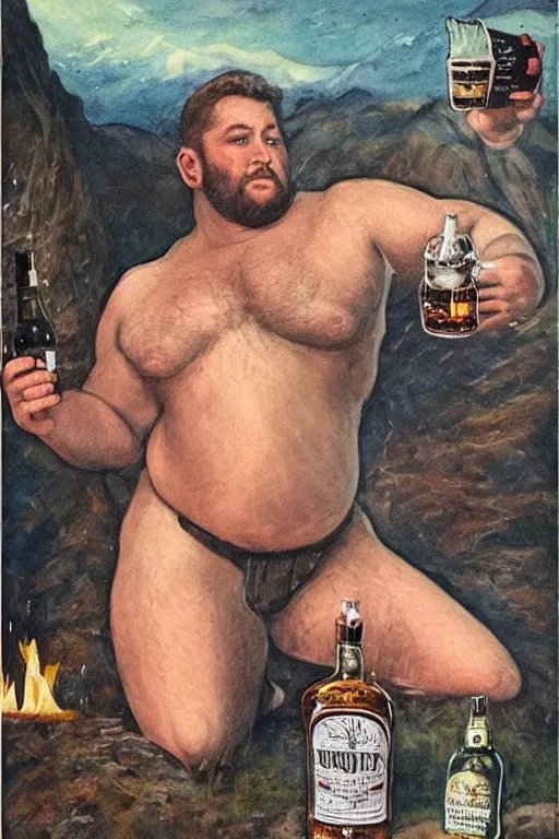 Prompt: a dramatic, epic, ethereal painting of a !!!handsome!!! thicc chunky beefy mischievous shirtless with a big beer belly wearing a large belt and bandana offering a whiskey bottle | he is relaxing by a campfire | background is a late night with food and jugs of whisky | homoerotic cowboy | stars, tarot card, art deco, art nouveau, intricate | by Mark Maggiori (((and Alphonse Mucha))) | trending on artstation