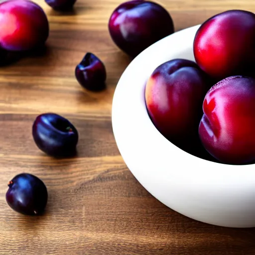 Image similar to photo of a thick porcelain bowl filled with a few moist freshly picked plums on a wooden table. volumetric lighting. 4 k. small scale. realistic. top down.