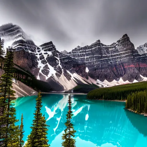 Prompt: realistic photo of Moraine lake in Alberta, Canada, beautiful, Nikon D850