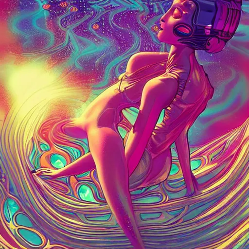 Prompt: elegant smooth female droid bathing in ocean waves of glossy liquid stardust flowing like psychedelic plasma, lsd waves, lsd ripples, backlit, dramatic, refracted lighting, art nouveau, ghost in the shell