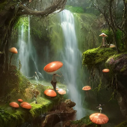 Prompt: tom bagshaw, fairies, soft painting render curiosities carnival pond river vegetation rocks bugs wildlife mushrooms covered moss bioluminescent wisps, beautiful stunning waterfall, accurate features, focus, very intricate ultrafine details, random volumetric lighting, fog, award winning masterpiece, octane render 8 k hd, artstation