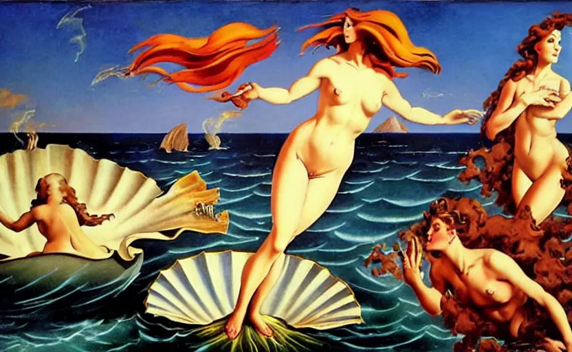 Image similar to the birth of venus, frank frazetta style art, dramatic, fantasy art, dynamic lighting