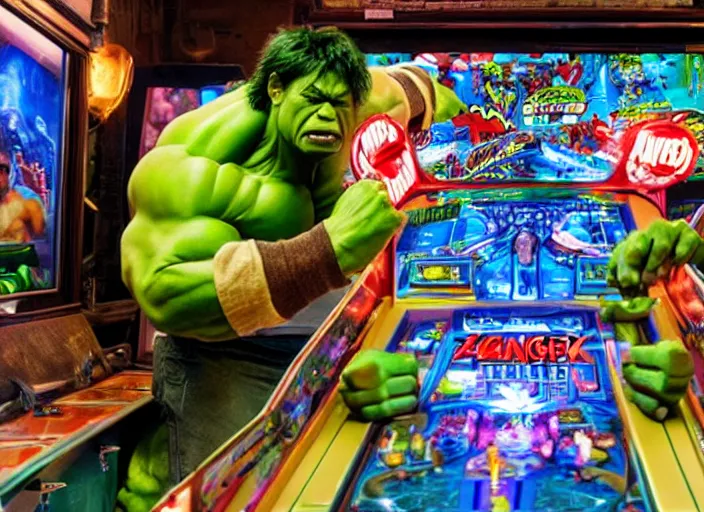 Prompt: film still of Hulk playing pinball in the new Avengers movie, 4k