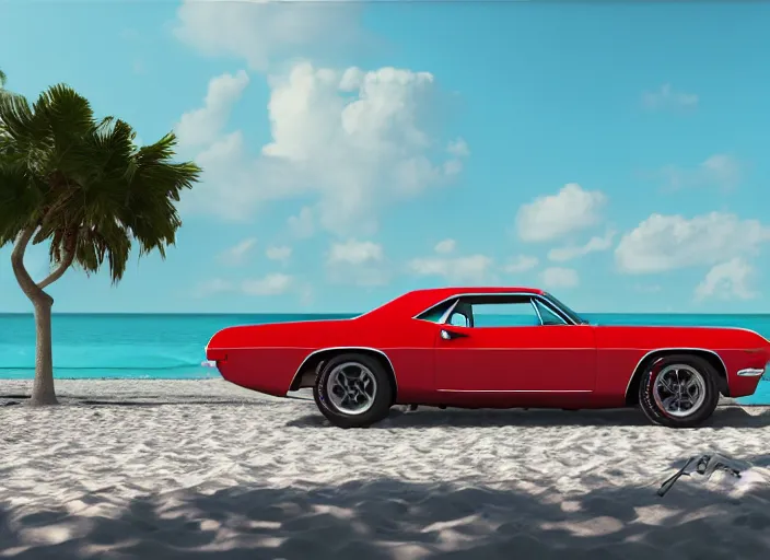 Image similar to hyperrealism, detailed textures, photorealistic 3 d render, a dreamy beach in cuba, a 1 9 6 9 hemi cuda with cherry red colour scheme, sharp focus, ultra realistic, ultra high pixel detail, cinematic, intricate, cinematic light, concept art, illustration, art station, unreal engine 8 k