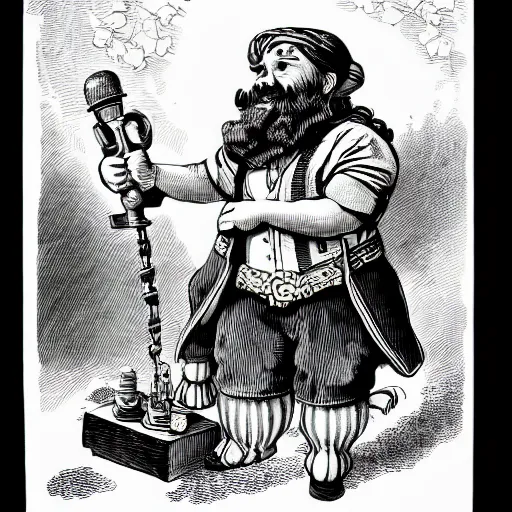 Prompt: dwarf with beard, holding a bomb, dnd, high detail, fantasy, in the style of vintage antique illustration and line drawing or engraving