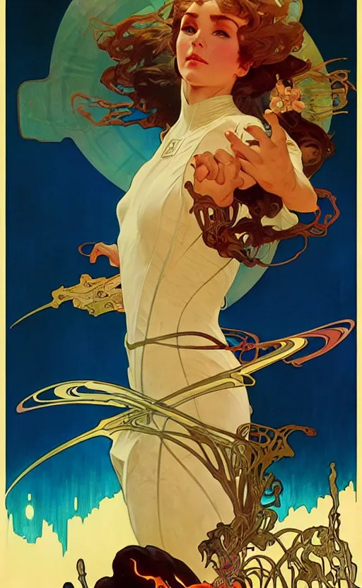 Prompt: exquisite imaginative scifi poster art, movie art, by lucusfilm, weta studio, alphonso mucha, james jean, frank frazetta, 8 k, denoised, sharp, crisp, high quality, cinematic