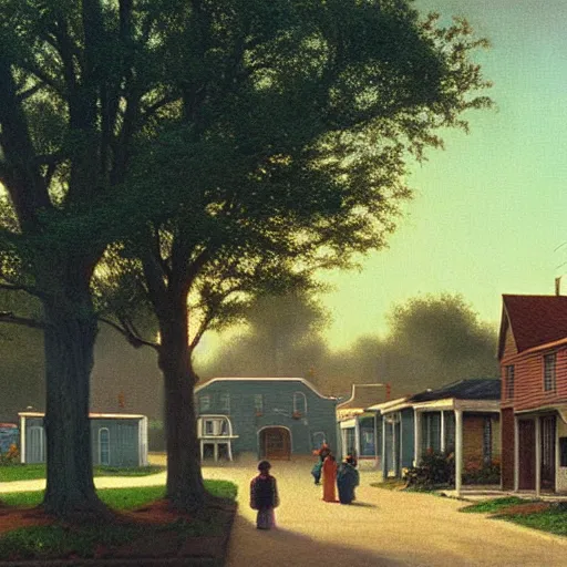 Image similar to a detailed cinematic render of a utopian 1 9 5 0 s american neighborhood by steven outram