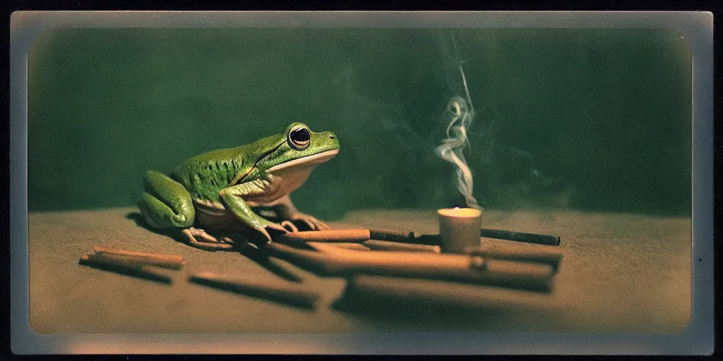 Image similar to detailed medium format photo, polaroid still from tarkovsky movie, frog while smoking a cigarette, haze, high production value, intricate details, 8 k resolution, hyperrealistic, hdr, photorealistic, high definition, tehnicolor, award - winning photography, masterpiece, amazing colors