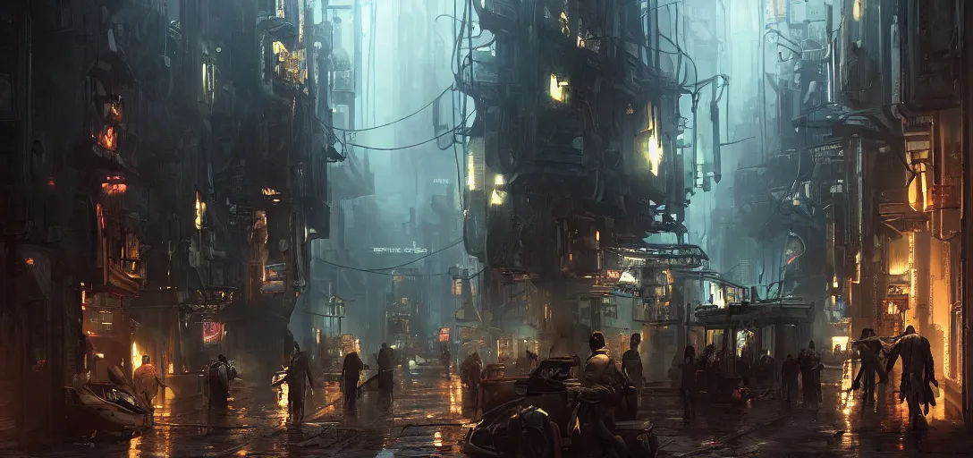 Prompt: science fiction cybertech city street scene, blade runner style, dramatic lighting, cinematic, establishing shot, extremly high detail, foto realistic, pirates of the carribean, cinematic lighting, post processed, concept art, artstation, matte painting, style by eddie mendoza, raphael lacoste, alex ross